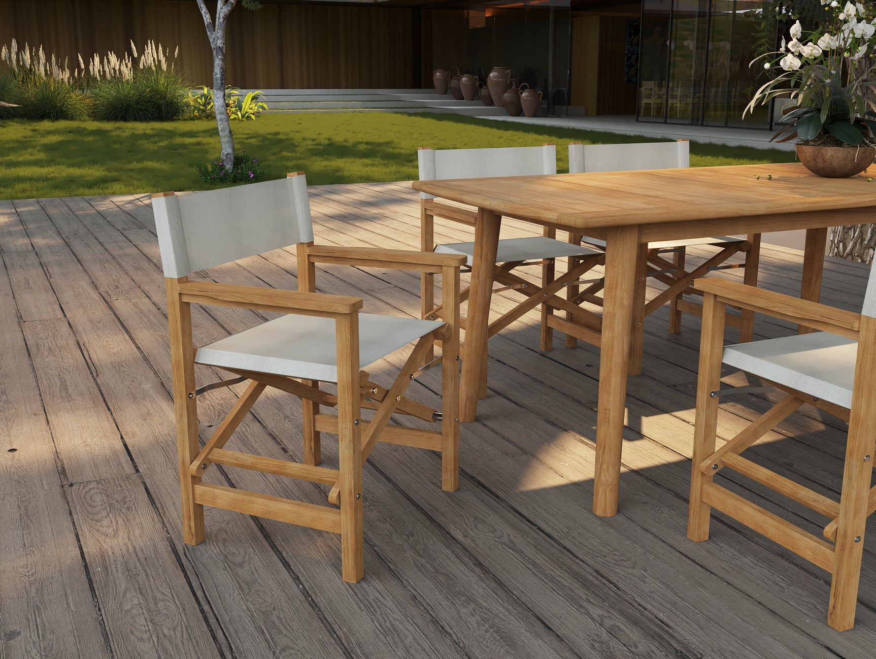 Director 7-Piece Teak White Outdoor Family Dining Set with Folding Armchairs - Ornate Home