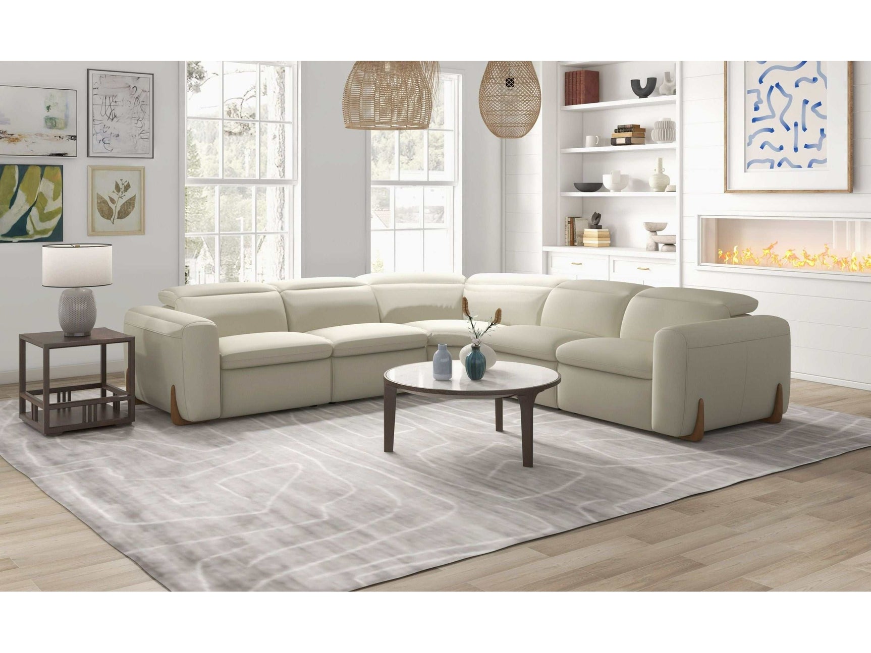 Divani Casa Conrad Modern Beige Fabric Reclining Sectional w/ 3 Power Recliners - Ornate Home