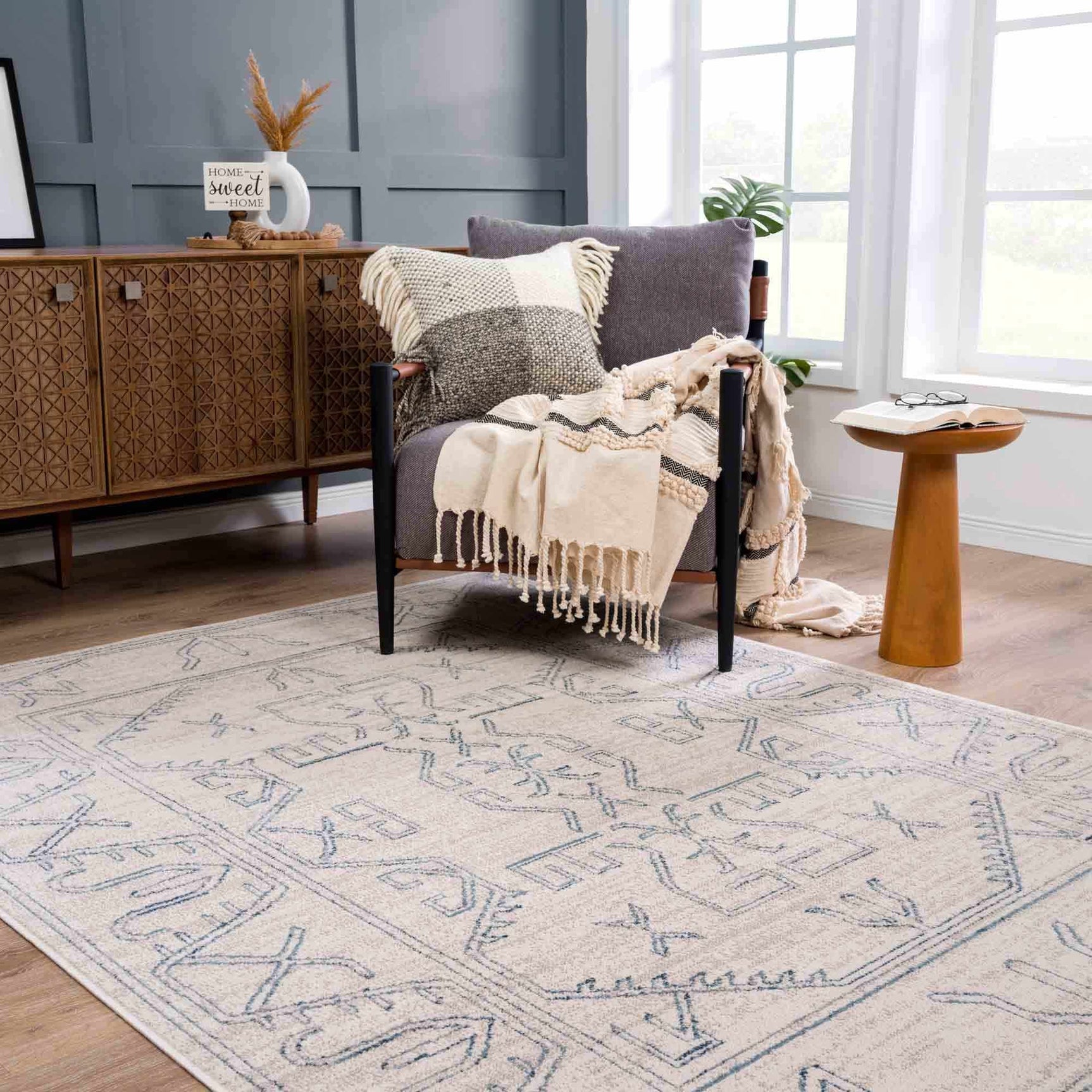 Divya Cream & Silver Blue Area Rug - Clearance - Ornate Home