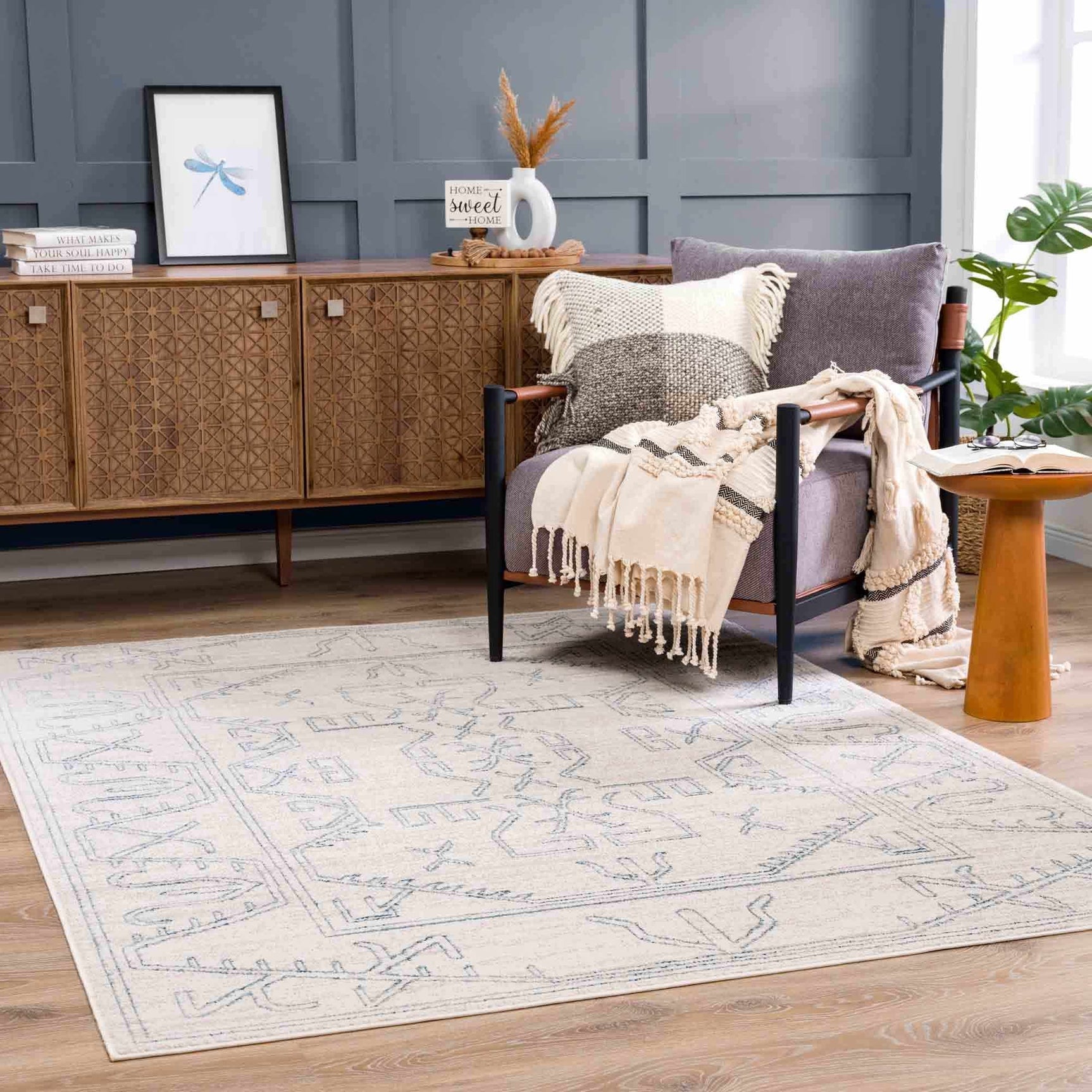 Divya Cream & Silver Blue Area Rug - Clearance - Ornate Home