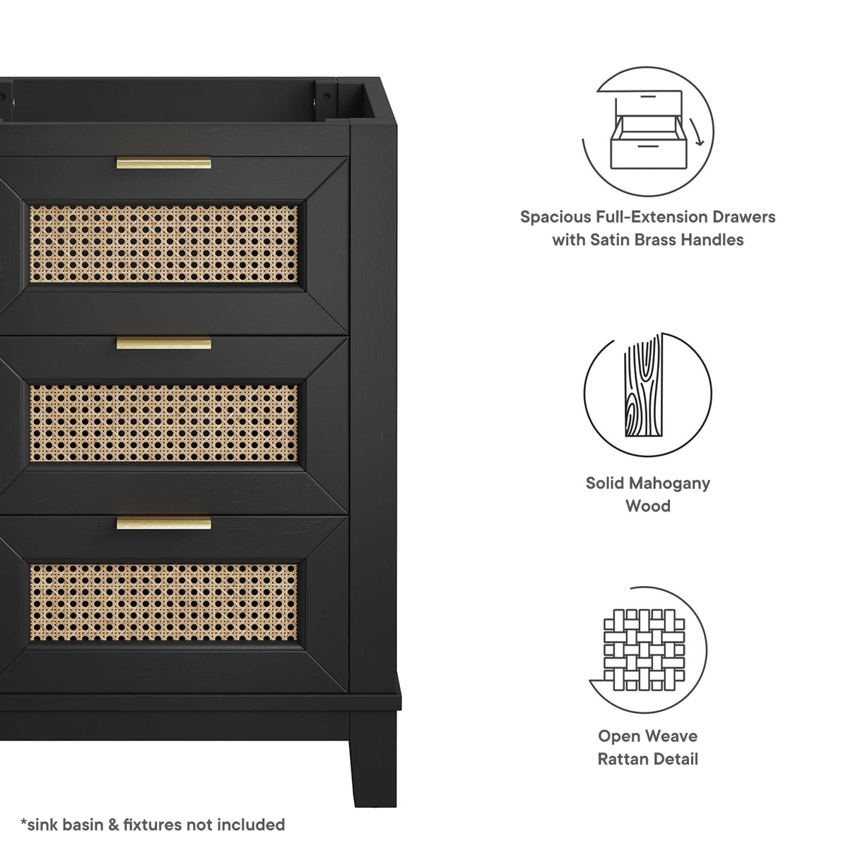 Dixie Black 24" Solid Wood Bathroom Vanity Cabinet (Sink Basin Not Included) - Ornate Home