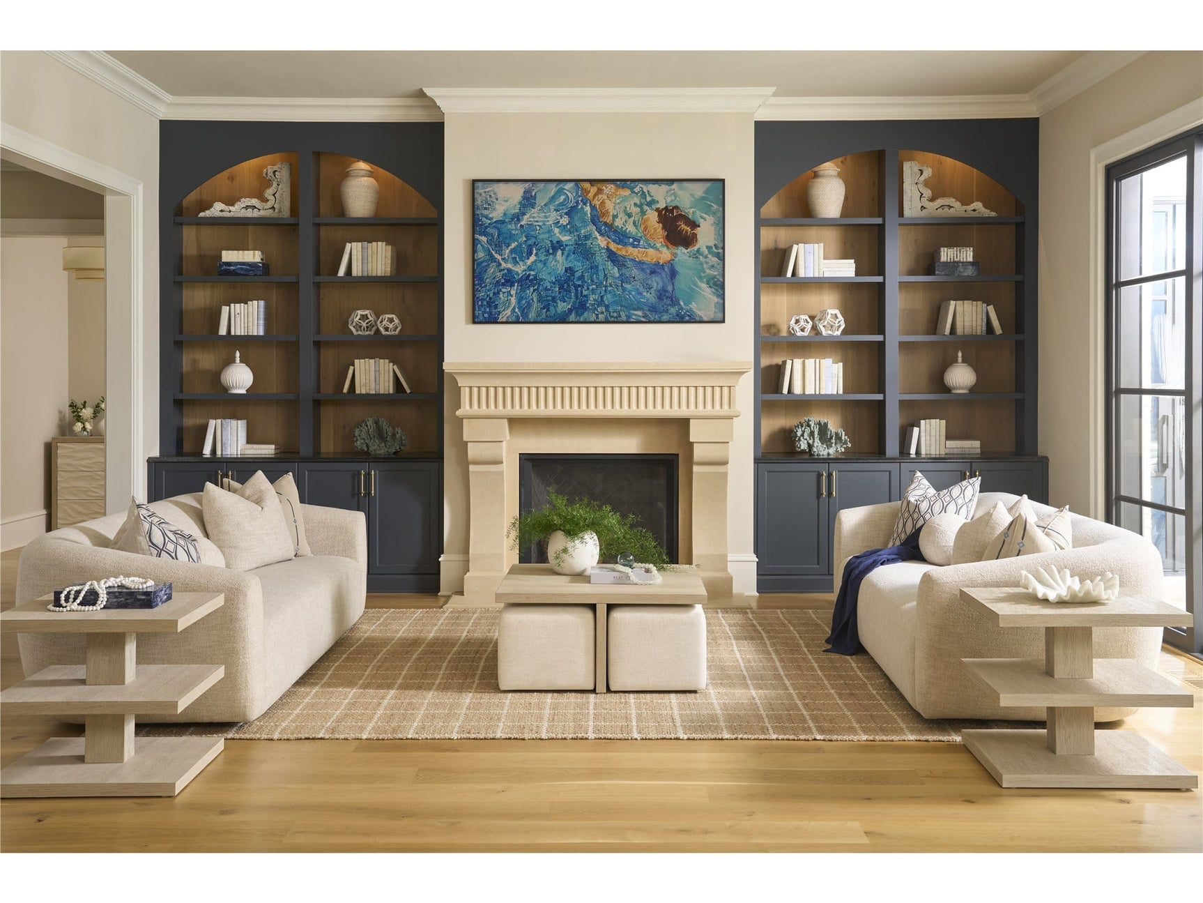 Dockside Natural Oak/Nomad Snow Cocktail Table w/ Ottomans - Ornate Home