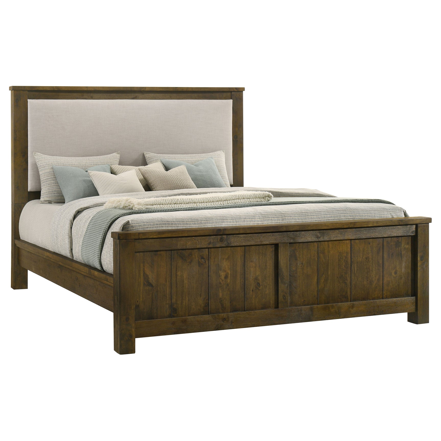 Doherty Rustic Brown Eastern King Linen Upholstered Panel Bed - Ornate Home