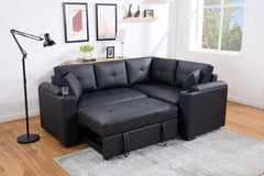 Donovan Black 84.5"W PU Leather Sleeper Sectional Sofa - Ornate Home