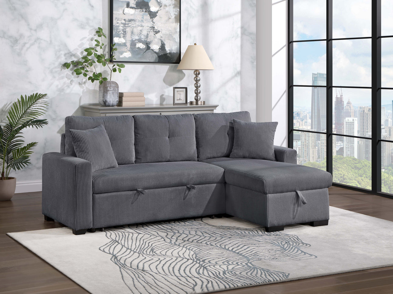 Dorset Dark Gray Pull Out Sofa Bed w/ Reversible Storage Chaise - Ornate Home