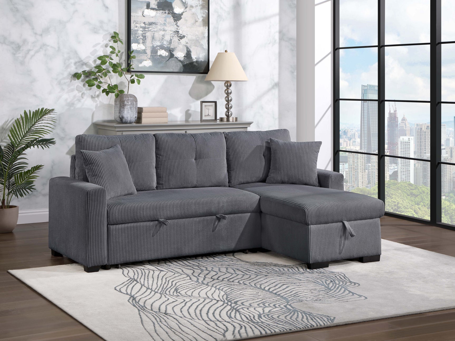 Dorset Dark Gray Pull Out Sofa Bed w/ Reversible Storage Chaise - Ornate Home