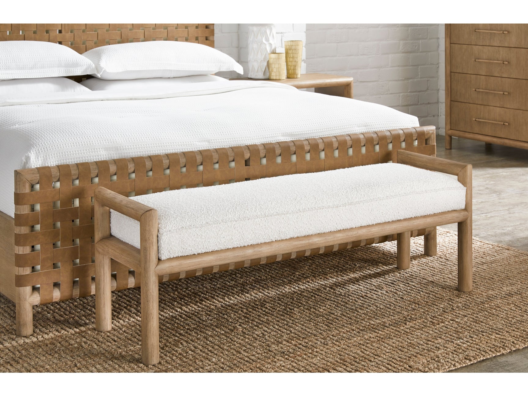 Dorsey Granola/Ricotta Boucle Upholstered Wooden Bench - Ornate Home