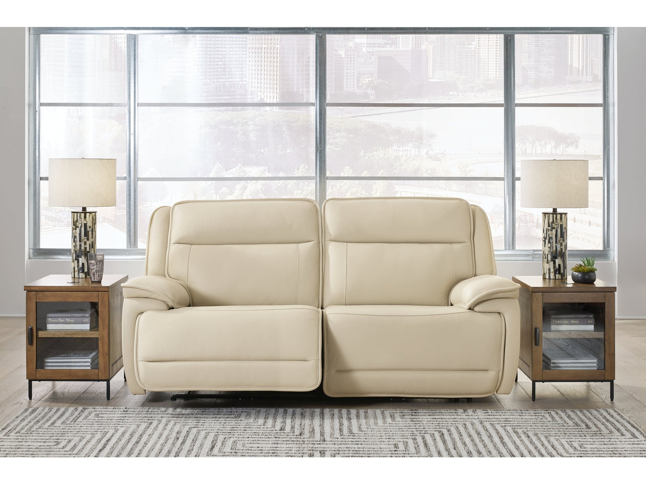Double Deal Almond 2-Piece Power Reclining Loveseat Sectional - Ornate Home