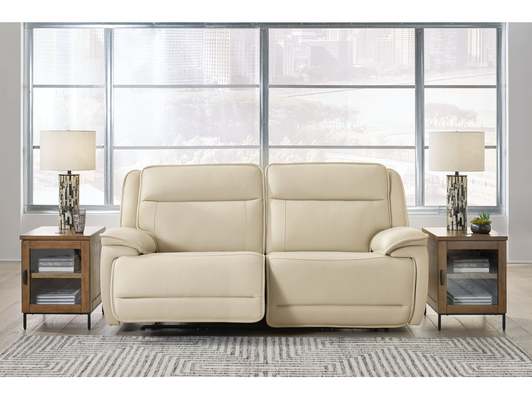 Double Deal Almond 2-Piece Power Reclining Loveseat Sectional - Ornate Home