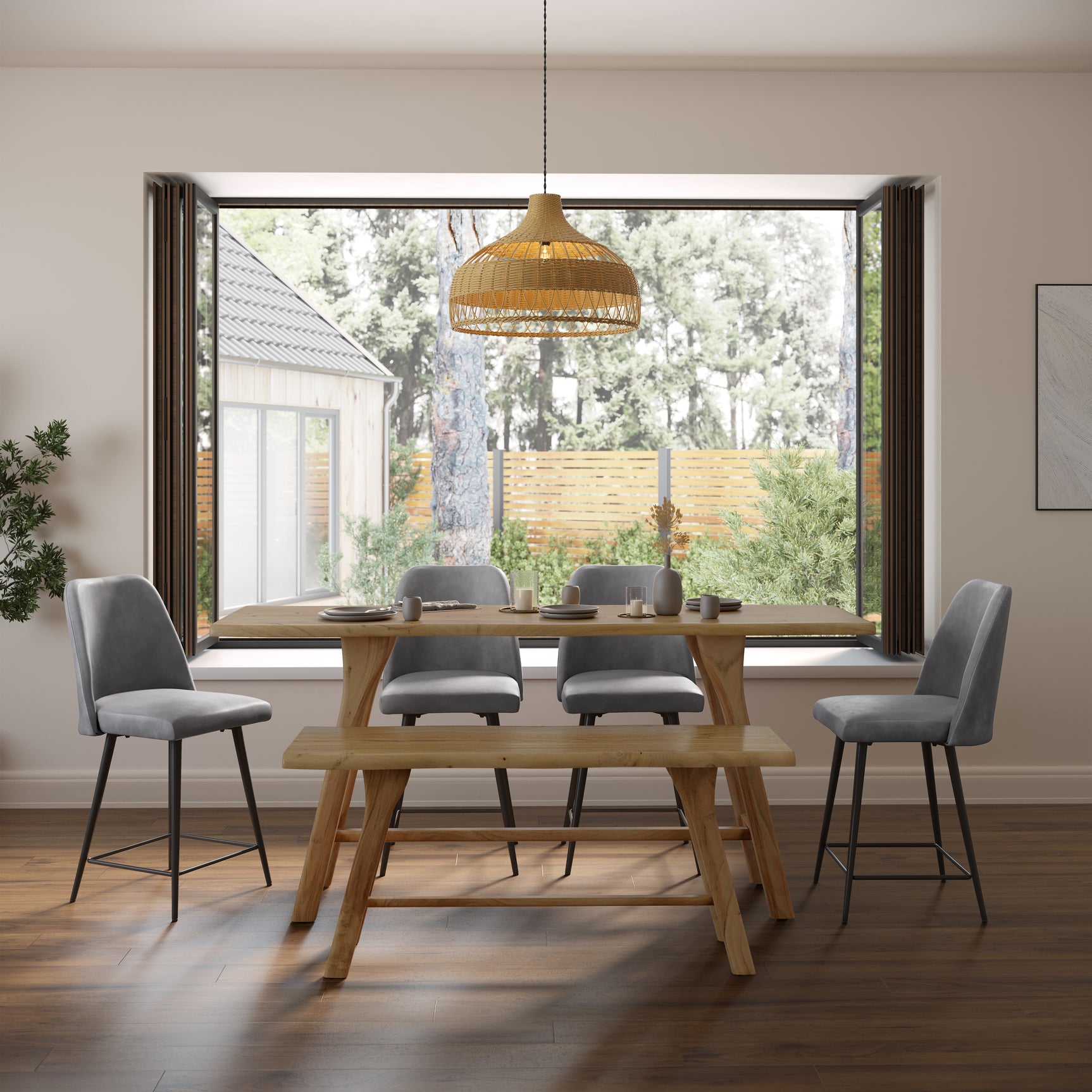 Sedona Natural Counter Table w/ 4 Macey Stools, Bench