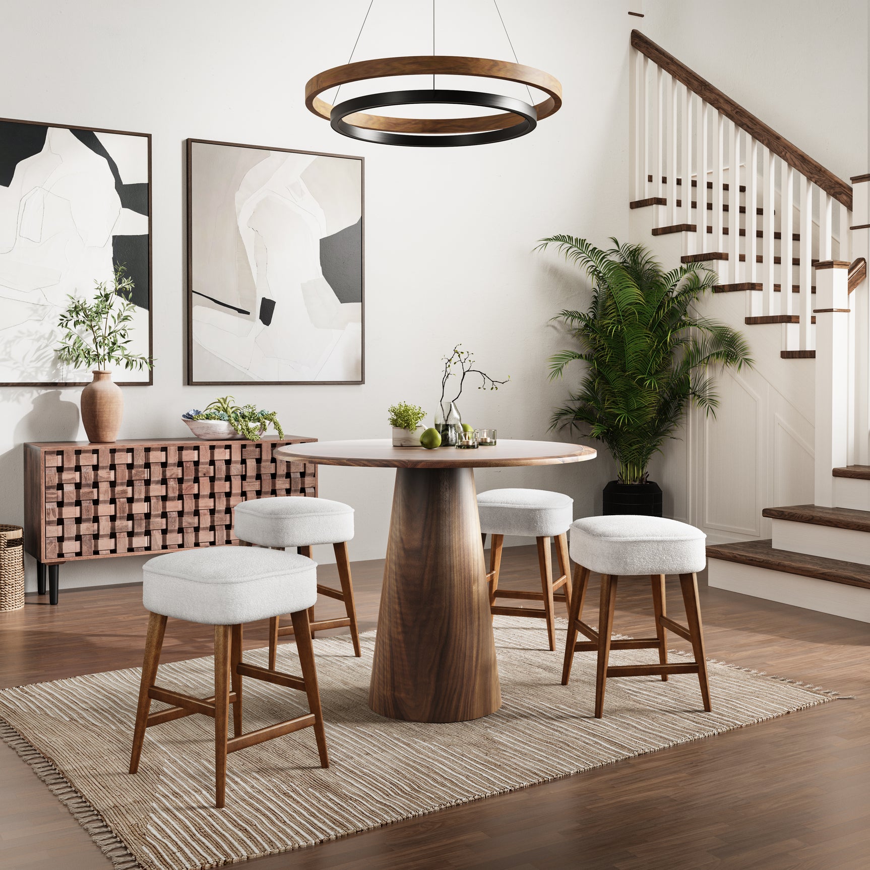 Nash Walnut Counter Table w/ 4 Wes Backless Stools