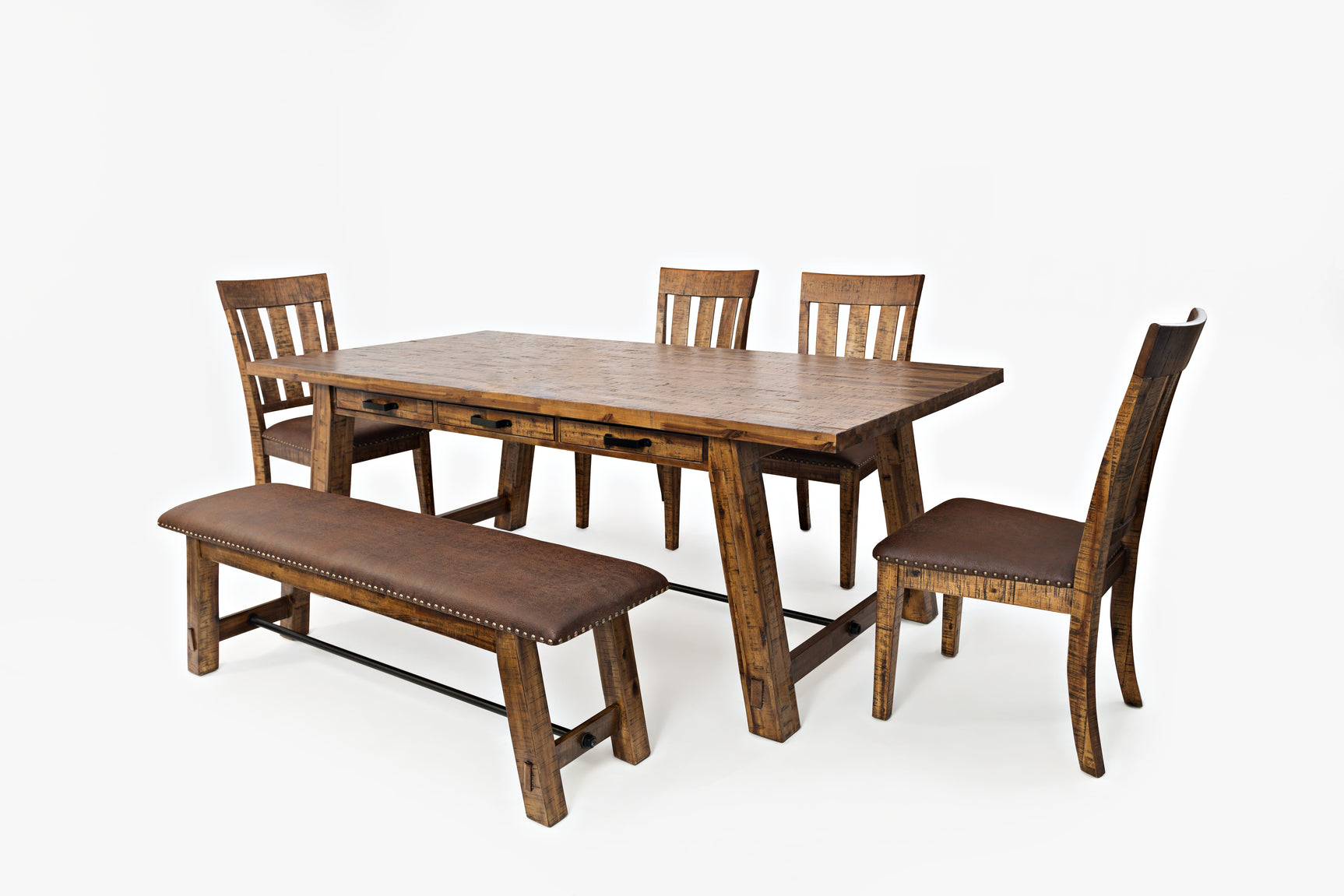 Cannon Valley Distressed Brown Trestle Dining Table w/ 4 Chairs, Bench