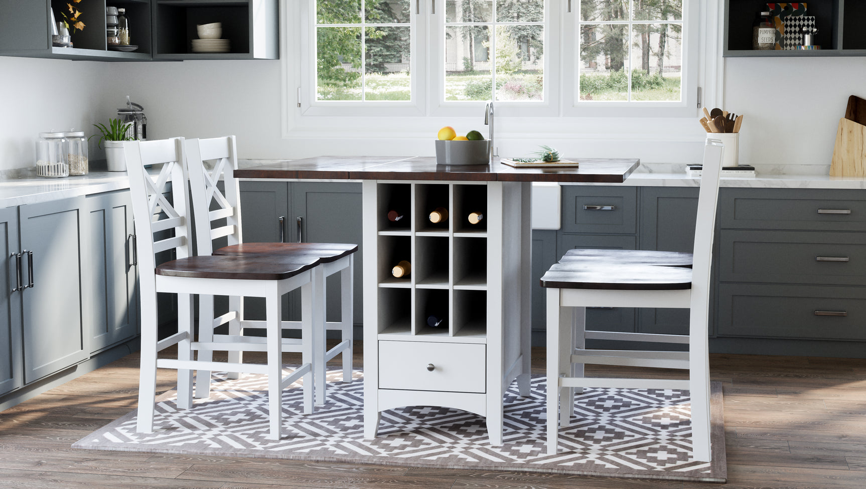 Asbury Park White/Autumn Brown Counter Drop Leaf Table w/ 4 X-Back Stools