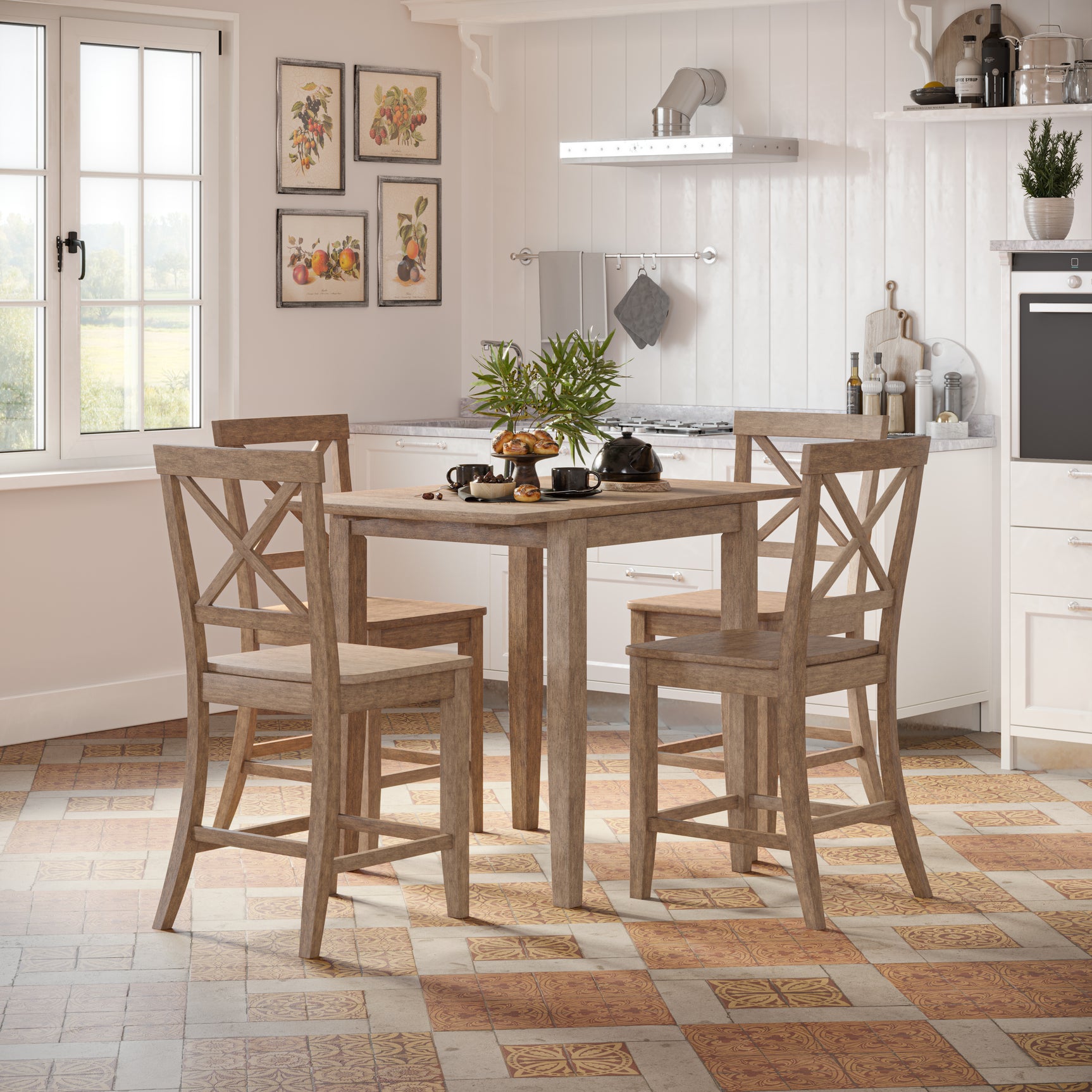 Eastern Tides Bisque Dropleaf Counter Dining Table w/ 4 X-Back Stools