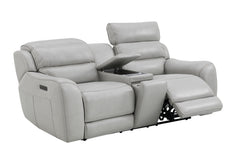 Draper Smoke Leatherette Dual Power Reclining Loveseat with Console - Ornate Home