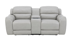 Draper Smoke Leatherette Dual Power Reclining Loveseat with Console - Ornate Home