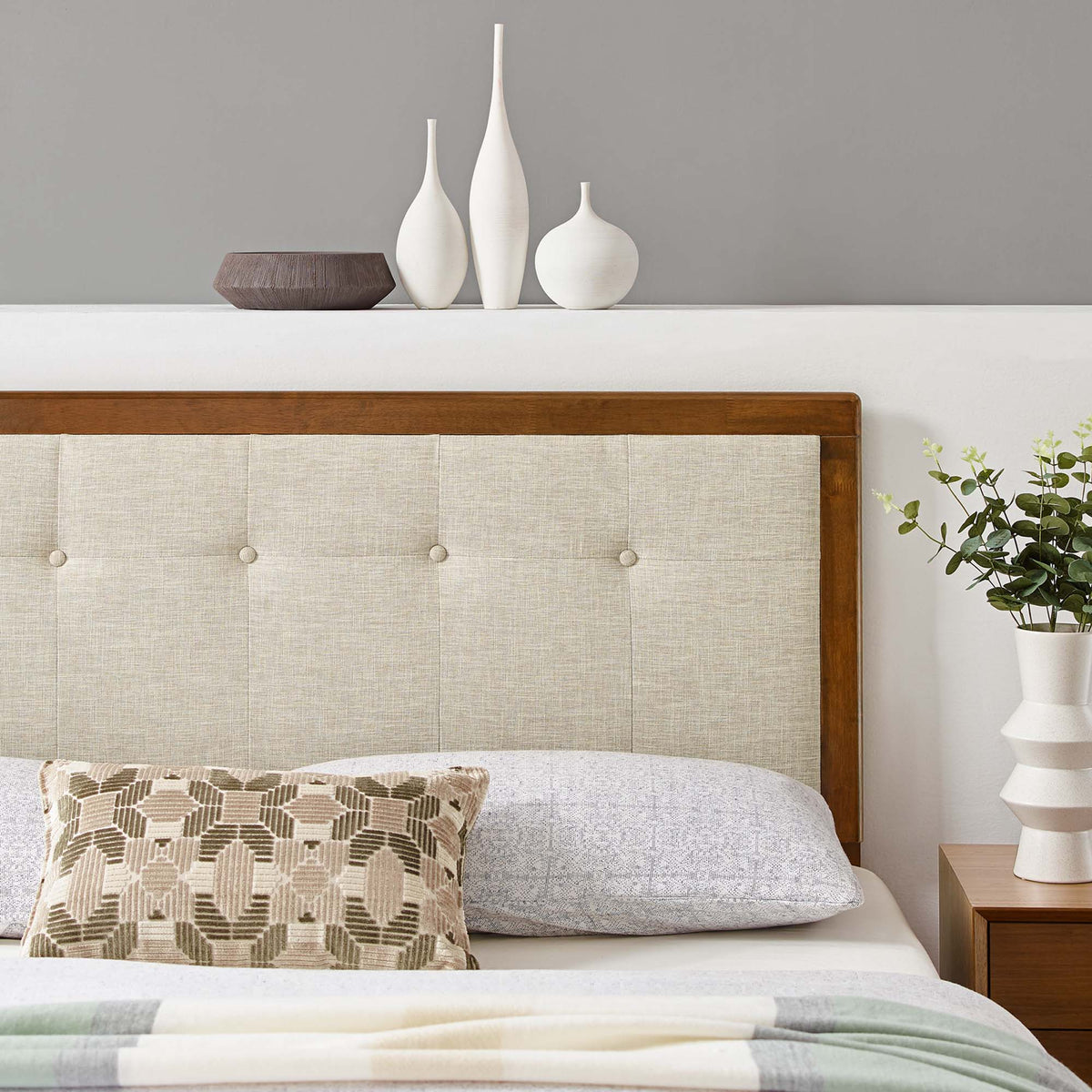 Draper Walnut/Beige Tufted Fabric and Wood Queen Headboard - Ornate Home
