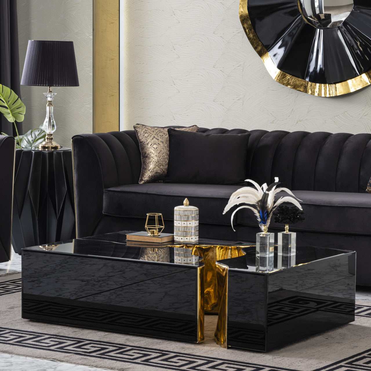Dream Glass Black & Gold 3pc Coffee Table - Ornate Home