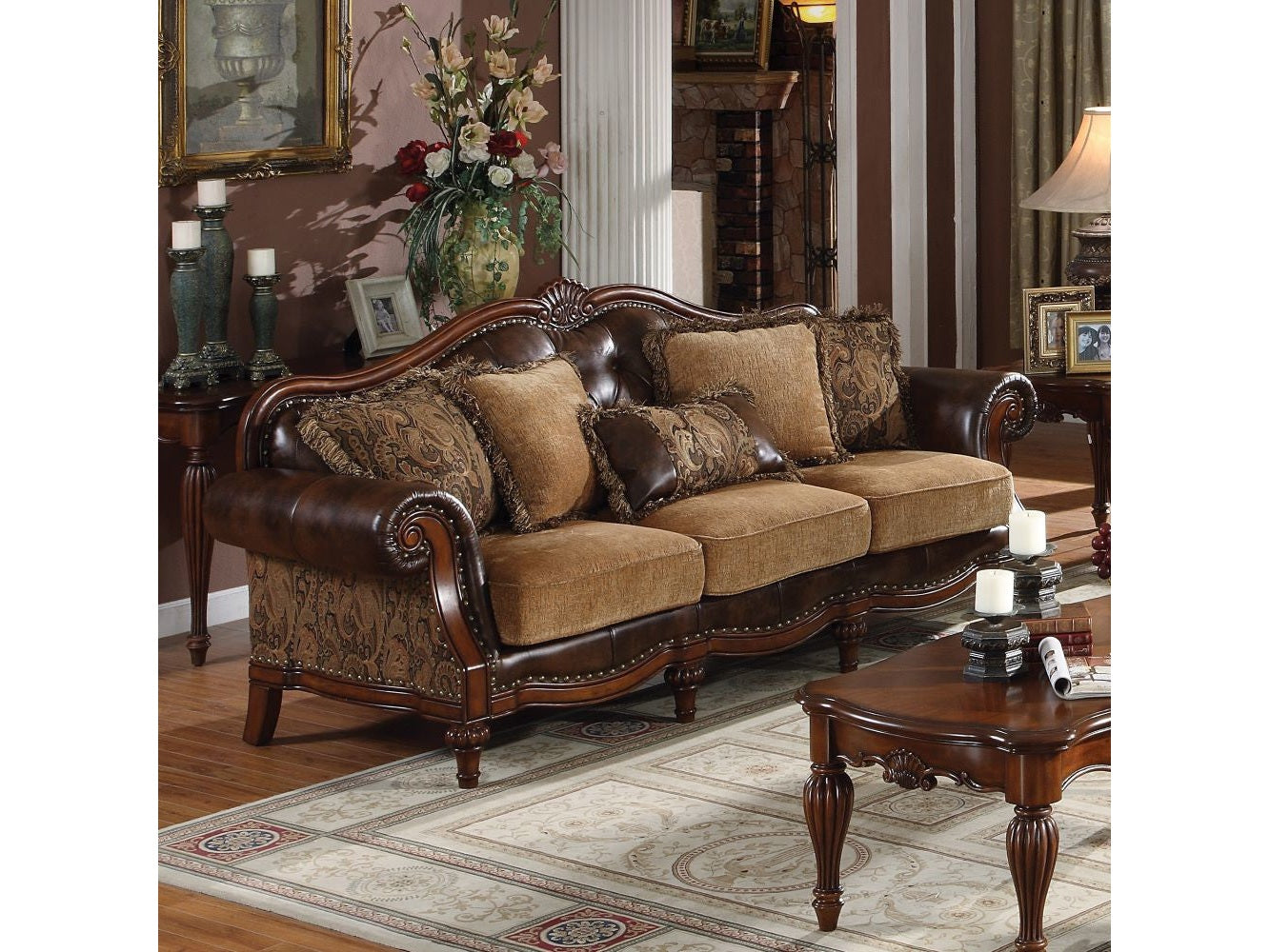 Dreena Traditional Bonded Leather and Chenille Sofa - Ornate Home