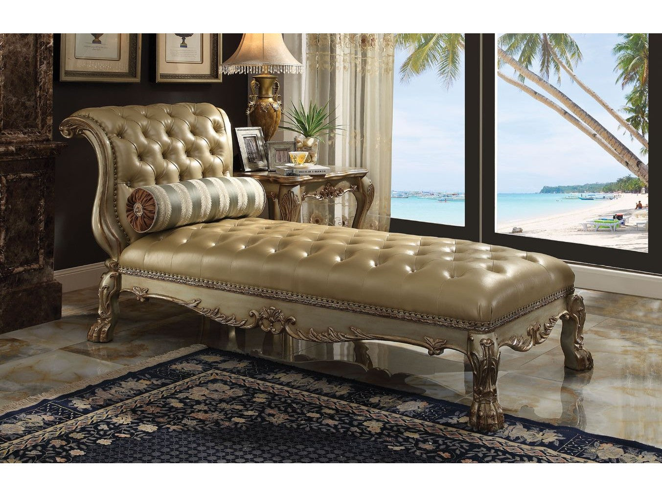 Dresden Bone PU & Gold Patina Chaise & Pillow - Ornate Home