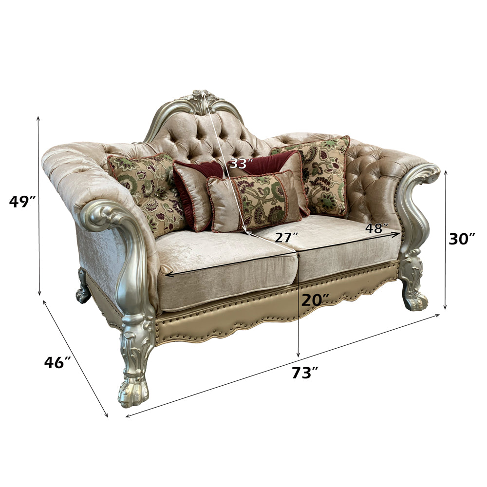 Dresden Bone Velvet & Gold Loveseat W/5 Pillows - Ornate Home