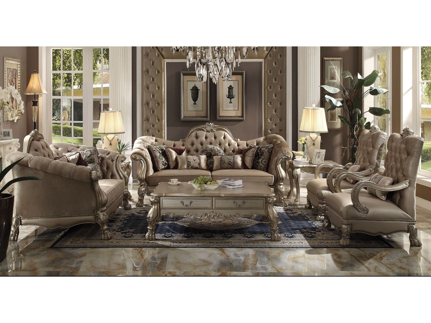 Dresden Bone Velvet & Gold Patina Sofa w/7 Pillows - Ornate Home