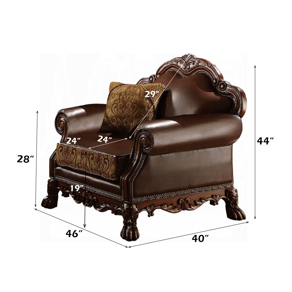 Dresden Brown PU & Chenille, Cherry Oak Chair & 1 Pillow - Ornate Home