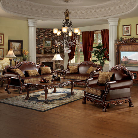 Dresden Brown PU & Chenille, Cherry Oak Chair & 1 Pillow - Ornate Home