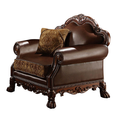 Dresden Brown PU & Chenille, Cherry Oak Chair & 1 Pillow - Ornate Home