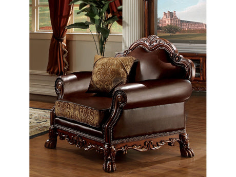 Dresden Brown PU & Chenille, Cherry Oak Chair & 1 Pillow - Ornate Home