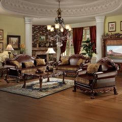 Dresden Brown PU & Chenille, Cherry Oak Sofa w/3 Pillows - Ornate Home