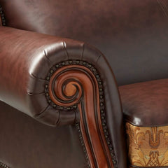 Dresden Brown PU & Chenille, Cherry Oak Sofa w/3 Pillows - Ornate Home