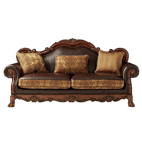 Dresden Brown PU & Chenille, Cherry Oak Sofa w/3 Pillows - Ornate Home
