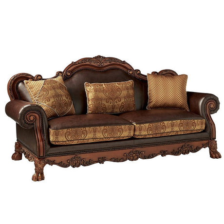 Dresden Brown PU & Chenille, Cherry Oak Sofa w/3 Pillows - Ornate Home