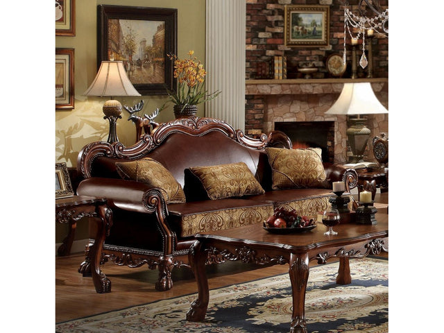 Dresden Brown PU & Chenille, Cherry Oak Sofa w/3 Pillows - Ornate Home
