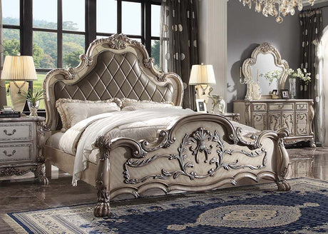 Dresden Vintage Bone White & PU Eastern King Bed - Ornate Home