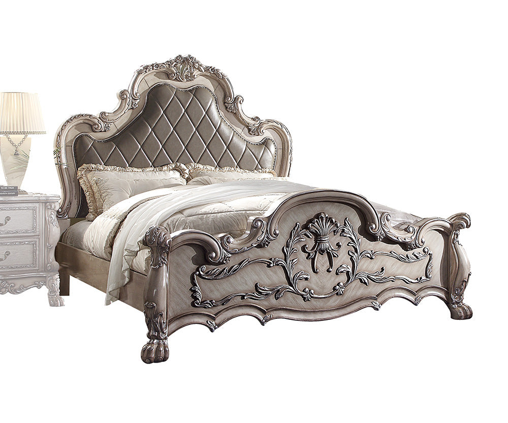Dresden Vintage Bone White & PU Eastern King Bed - Ornate Home