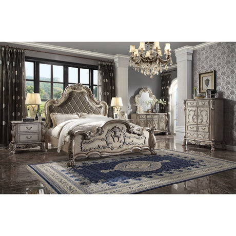 Dresden Vintage Bone White & PU Queen Bed - Ornate Home
