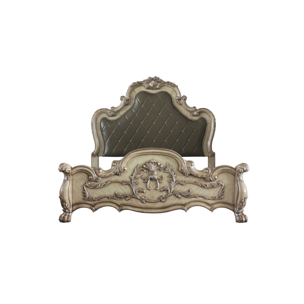 Dresden Vintage Bone White & PU Queen Bed - Ornate Home