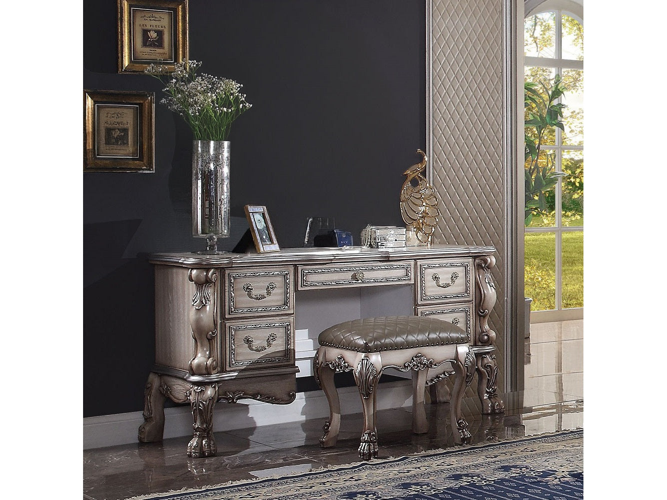 Dresden Vintage Bone White Vanity Desk - Ornate Home