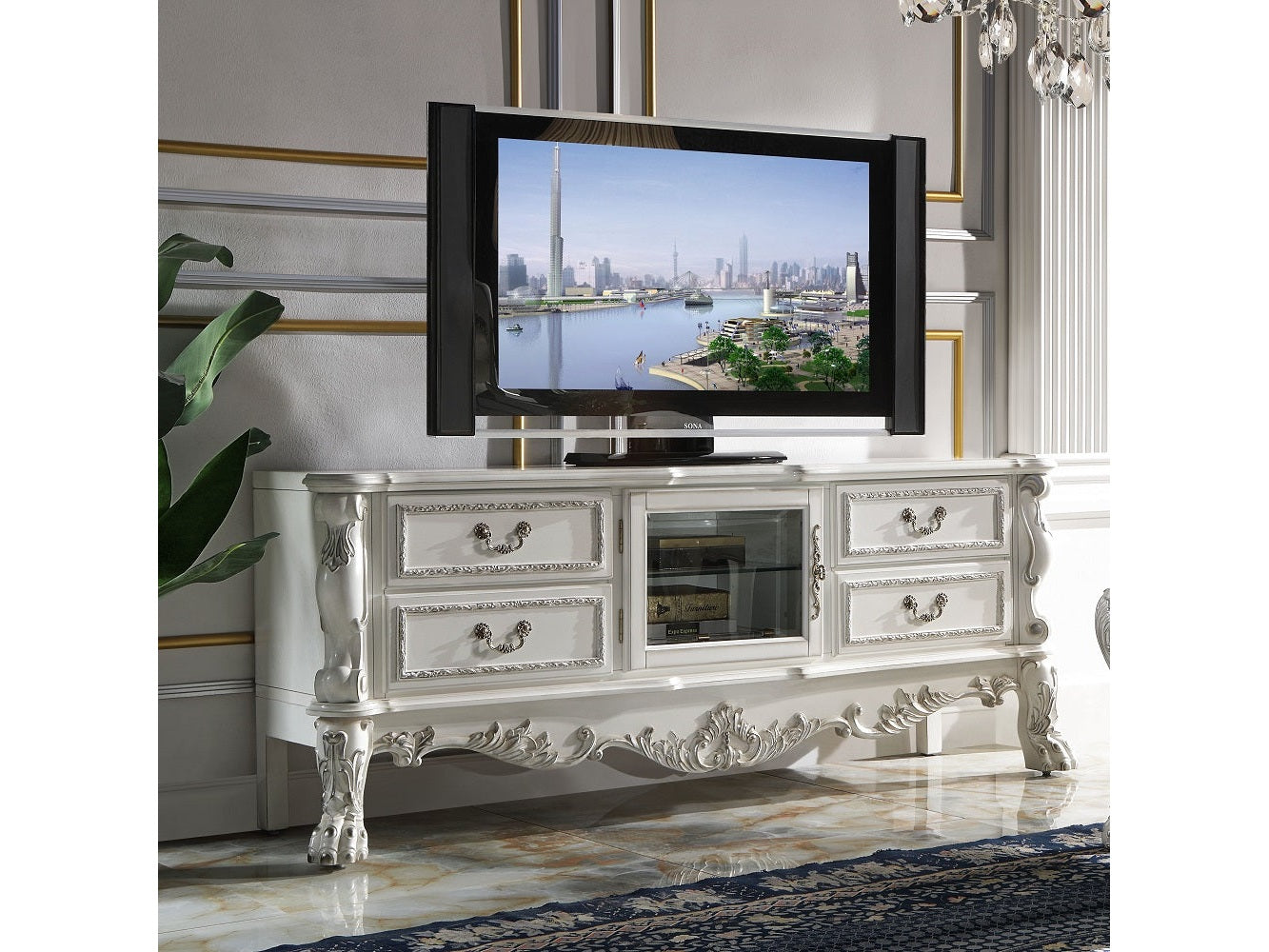 Dresden White TV Stand - Ornate Home