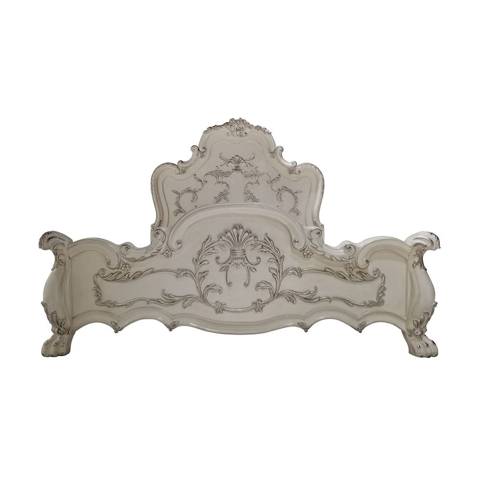 Dresden White  Wood Carved Headboard Queen Bed - Ornate Home