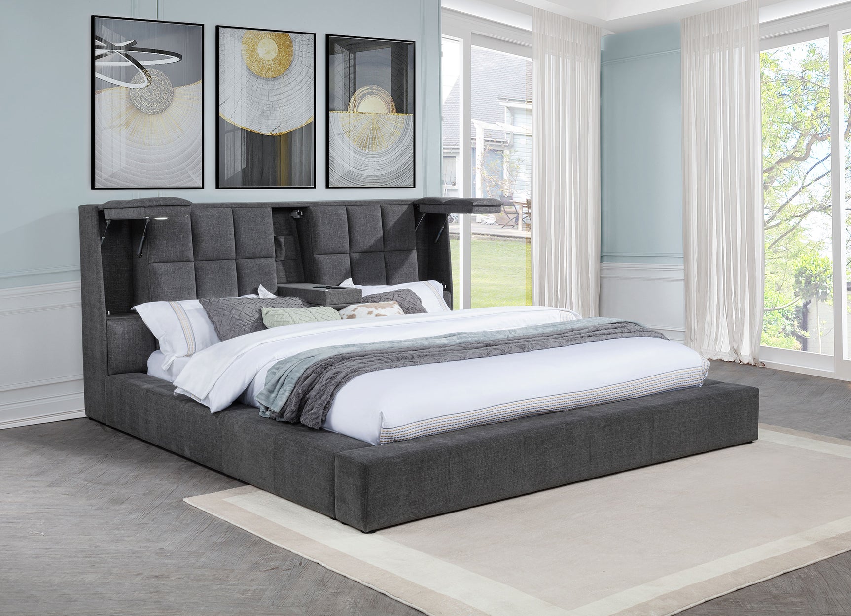 Dreux Grey Upholstered Queen Panel Platform Bed - Ornate Home