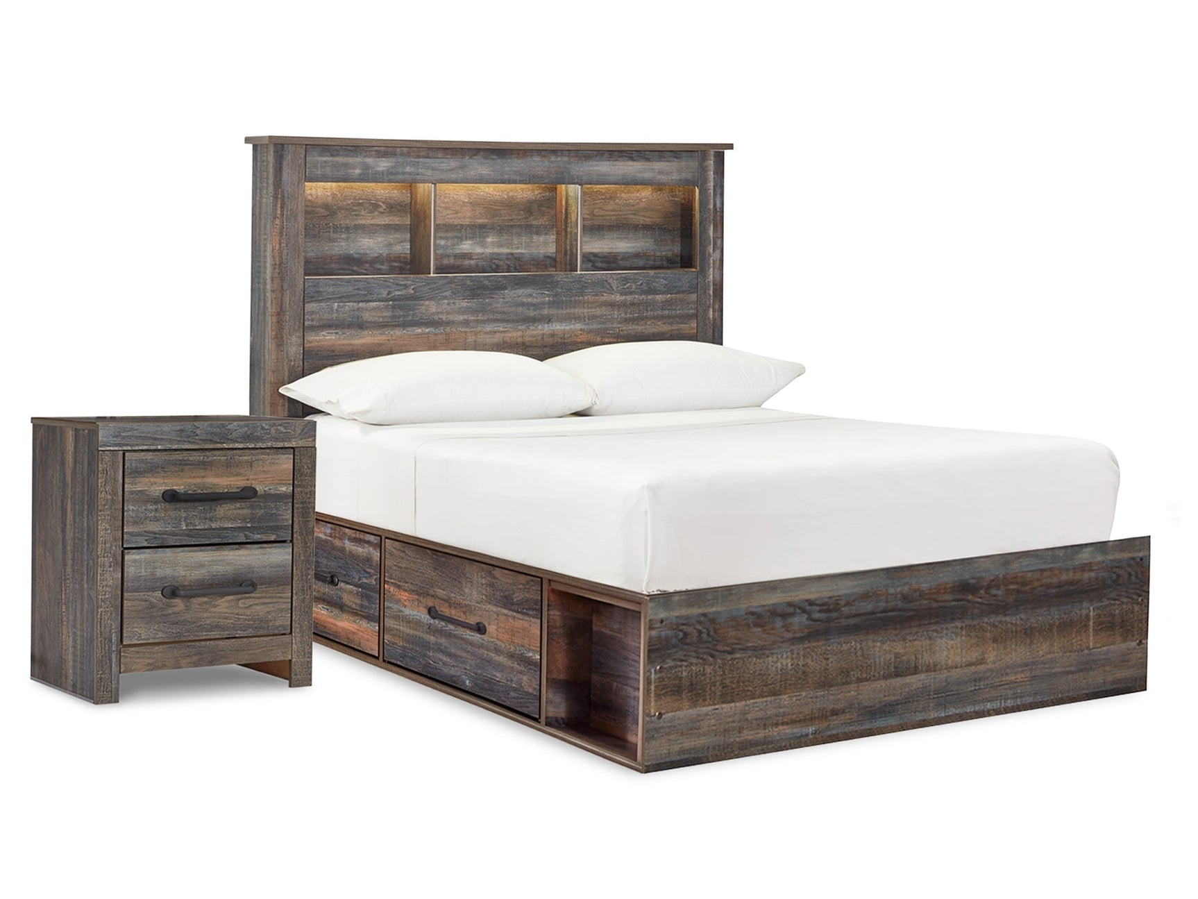 Drystan Multi Full Bookcase Bedroom Set with 2 Sided Storage and Nightstand - Ornate Home