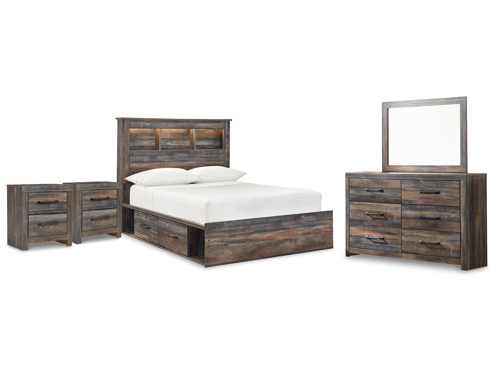 Drystan Multi Full Bookcase Storage Bedroom Set with Dresser, Mirror and 2 Nightstands (Online Special Price) - Ornate Home