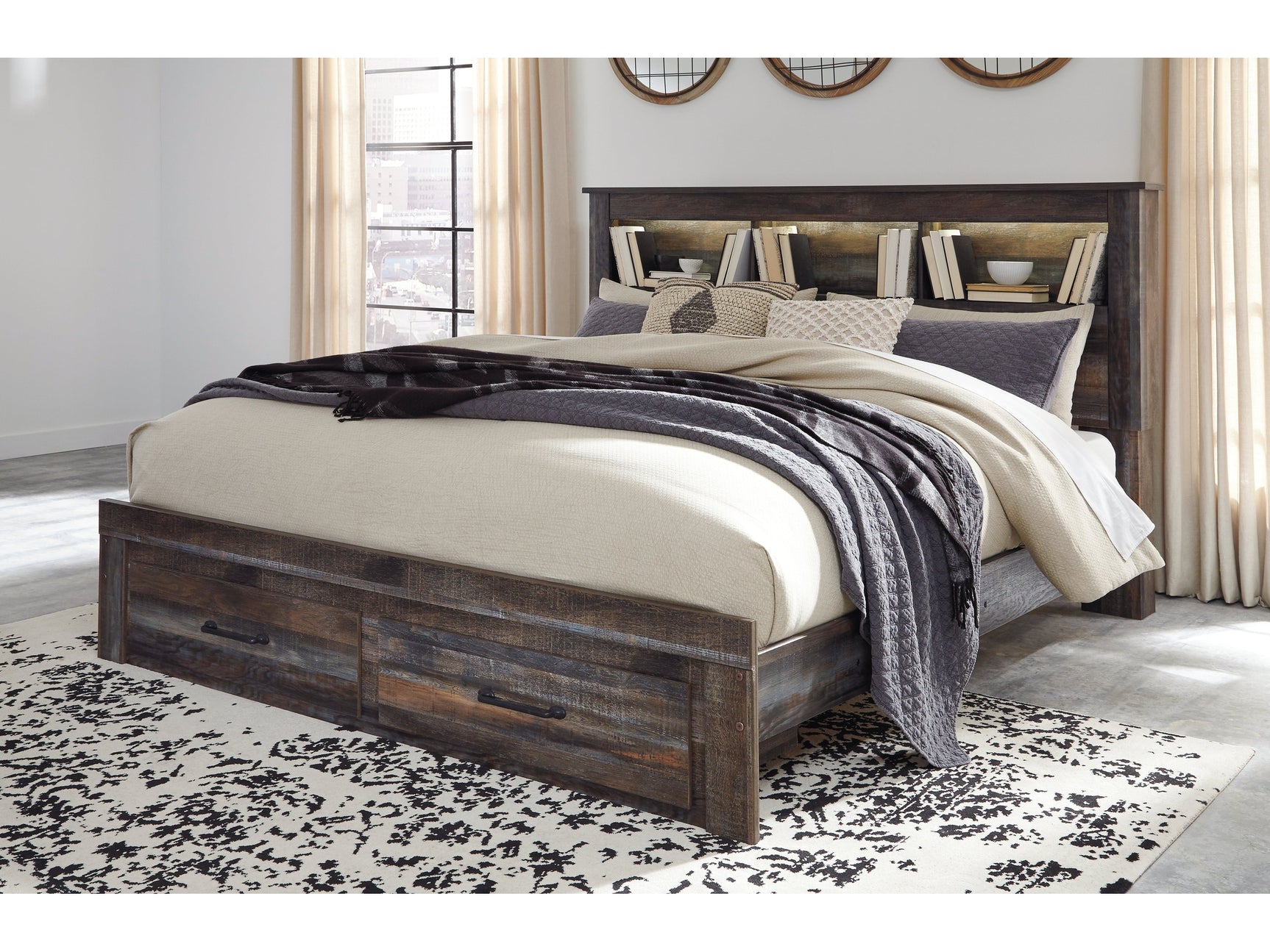 Drystan Multi King Bookcase Bed with Footboard 2 Storage Drawers (Online Special Price) - Ornate Home