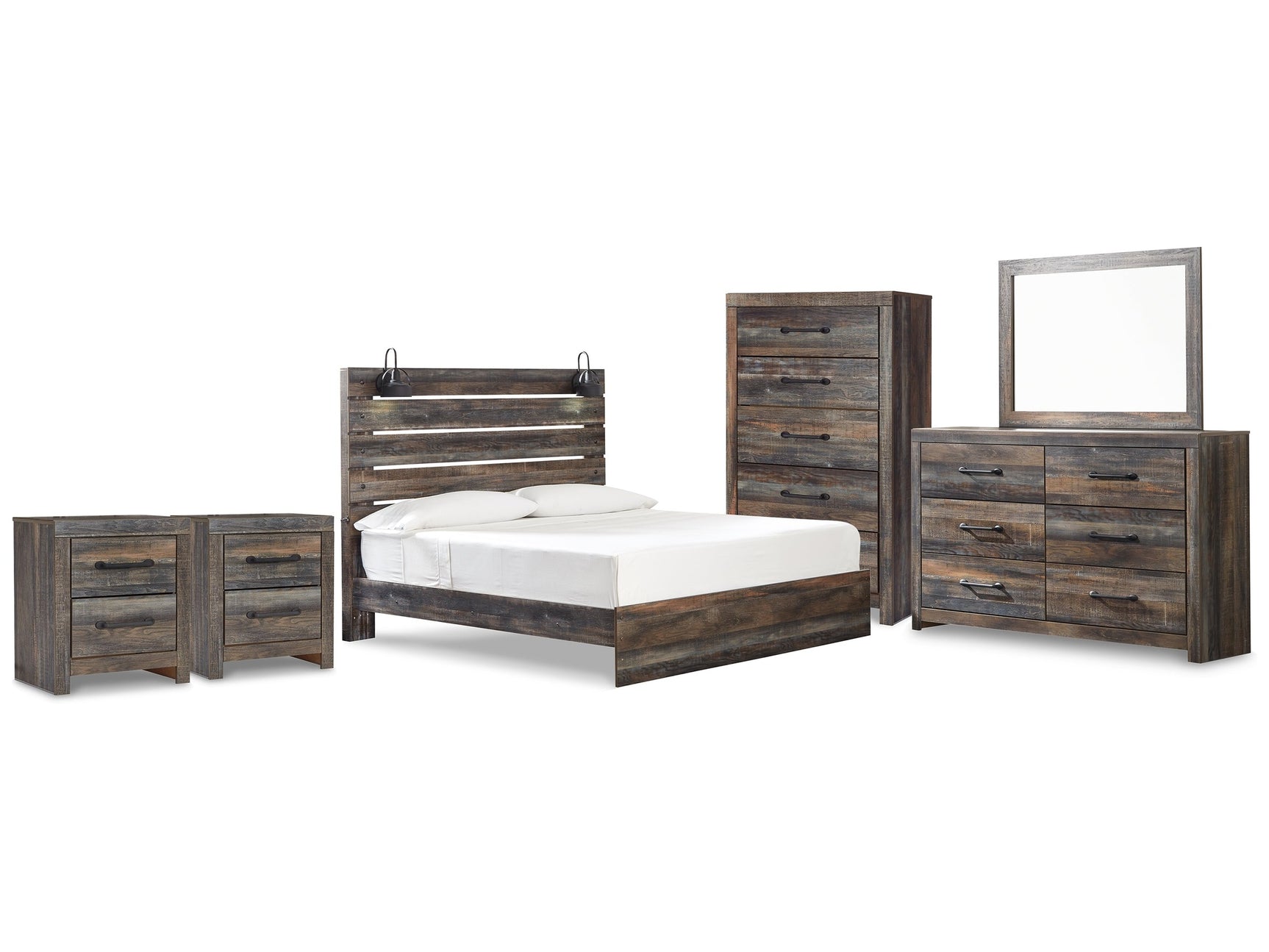 Drystan Multi King Panel Bedroom Set with Dresser, Mirror and 2 Nightstands - Ornate Home