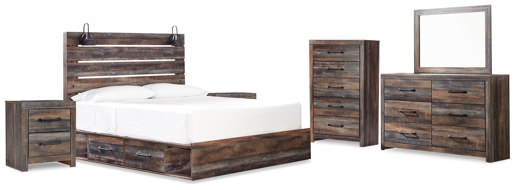 Drystan Multi King Panel Bedroom Set with Storage, Dresser, Mirror, Chest and 2 Nightstands (Online Special Price) - Ornate Home