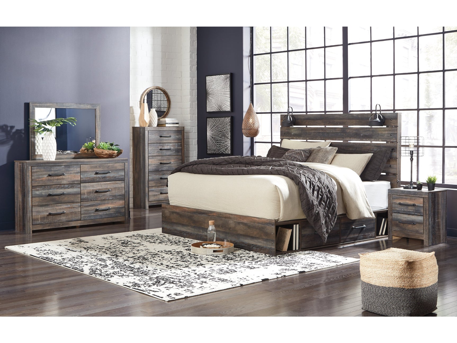 Drystan Multi King Panel Bedroom Set with Storage, Dresser, Mirror, Chest and 2 Nightstands - Ornate Home