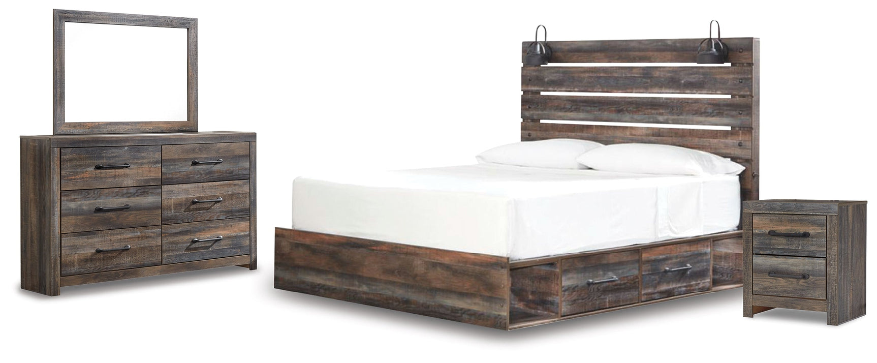 Drystan Multi King Panel Bedroom Set with Storage, Dresser, Mirror and Nightstand (Online Special Price) - Ornate Home